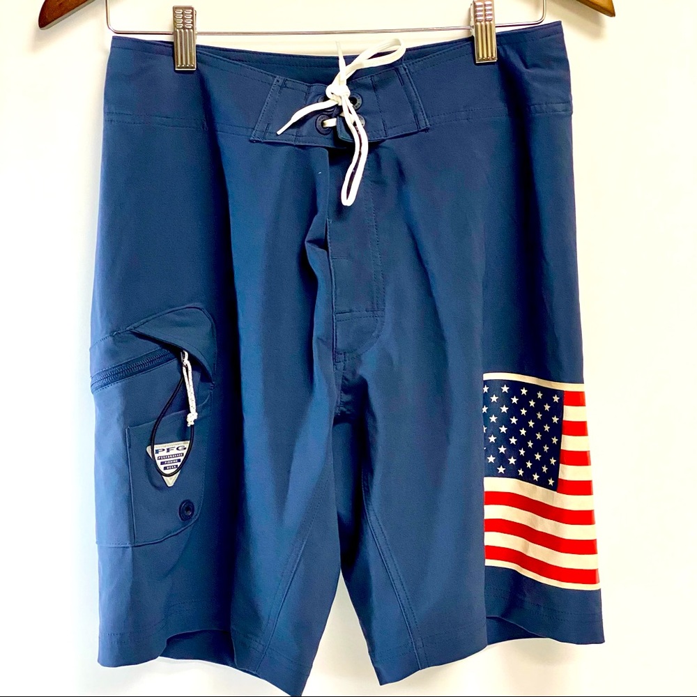 Columbia PFG Mens Blue W/ American Flag Board Shorts Fishing Swim Trunks Sz 30